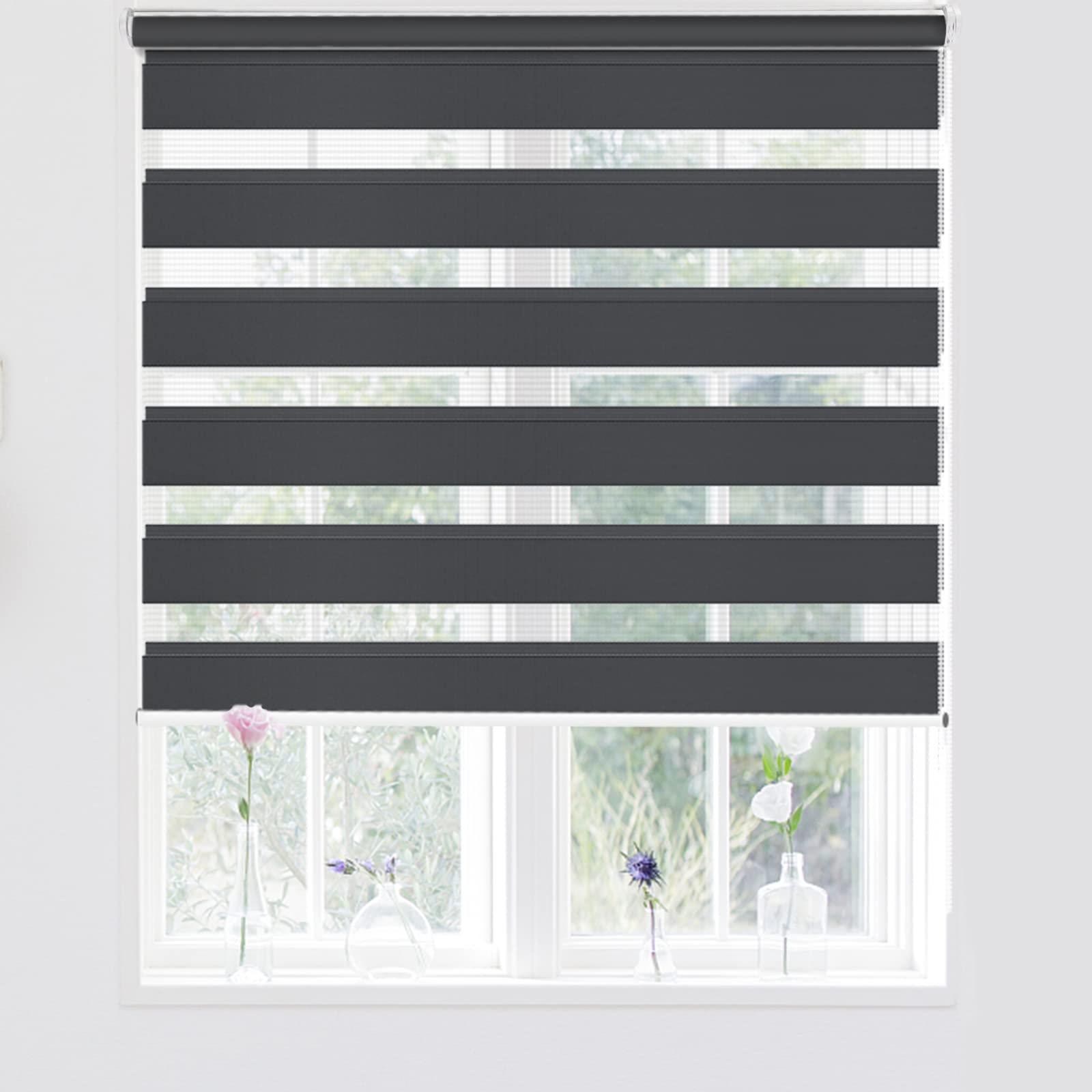 Kokorona Day and Night Zebra Roller Blinds, Dual Layer Fabric Zebra Window Blinds for Bedroom, Light Filtering Privacy Day Night Blinds, 90cm Wide x 150cm Length, Dark Grey