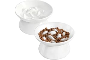 PETTOM Slow Feeder Cat Bowl, 2 Pack Ceramic Raised Tilted Cat Slow Feeder Bowl Elevated Puzzle Anti Vomiting for Dry and Wet Food Whisker Friendly for Kitty Puppy, White