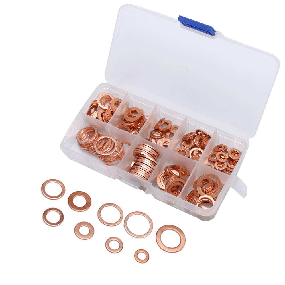 200pcs Copper Washer Assortment Kits Flat Ring Seal Washers 9 Sizes (M5-M14)