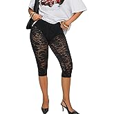 TZLDN Womens Sheer Floral Lace Capri Leggings Sexy Mesh See Through Y2k Going Out Bottoms Rave Pants Cropped Tights
