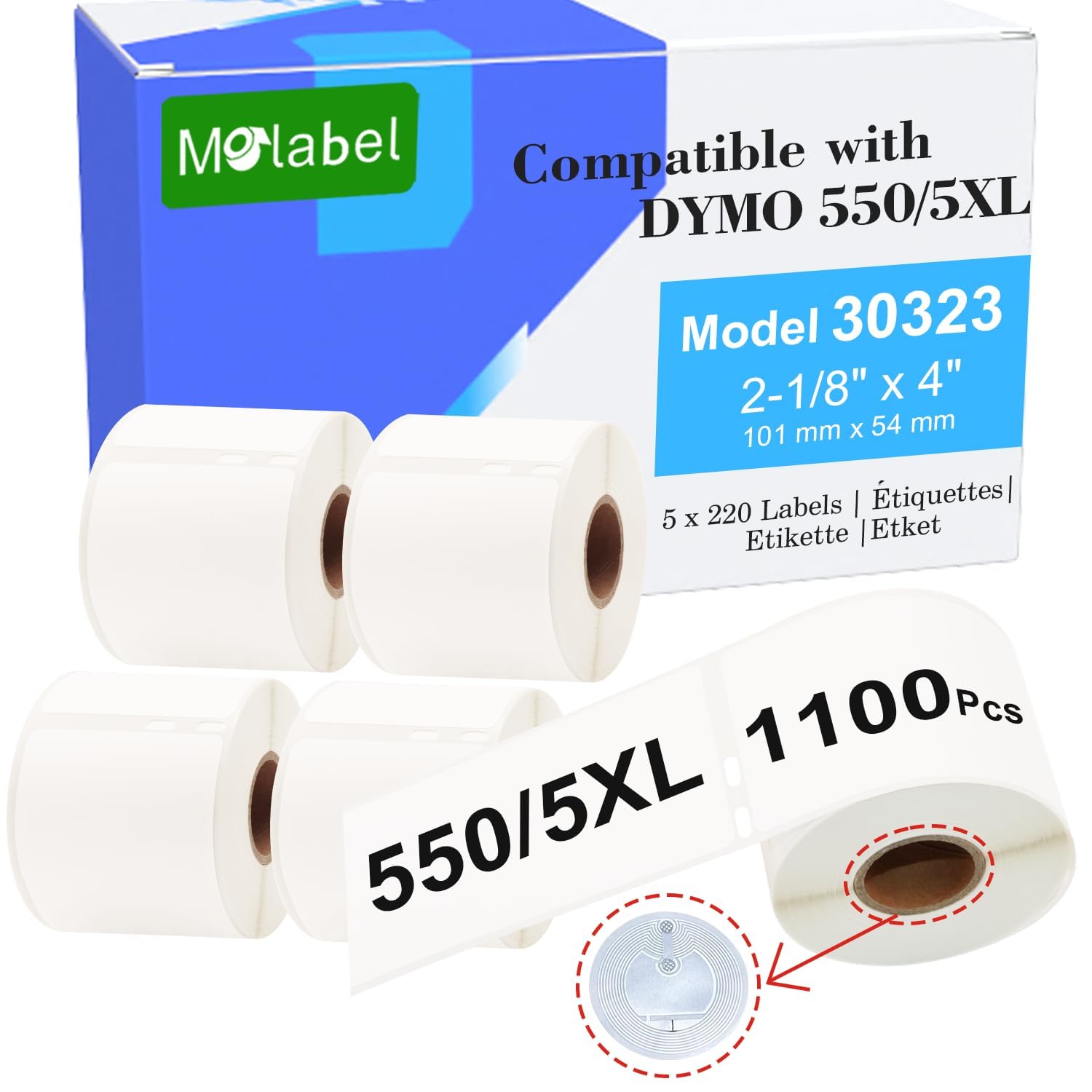 Photo 1 of Molabel Replacement for DYMO 30323 (2-1/8" x 4") Shipping/Name Badge Labels, Compatible with DYMO Labelwriter 450, 4XL, 550,5XL Rollo & Zebra Desktop Printers [5 Rolls/1100 Labels]