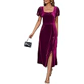 BLENCOT Women's Casual Fall Short Sleeve Square Neck Midi Dress Side Slit Velvet Wedding Guest Flowy Party Dresses