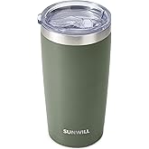 SUNWILL Travel Coffee Tumbler 20 oz, Insulated Mug with Lid, Stainless Steel Iced Cup for Outdoor, Powder Coated Camp Green