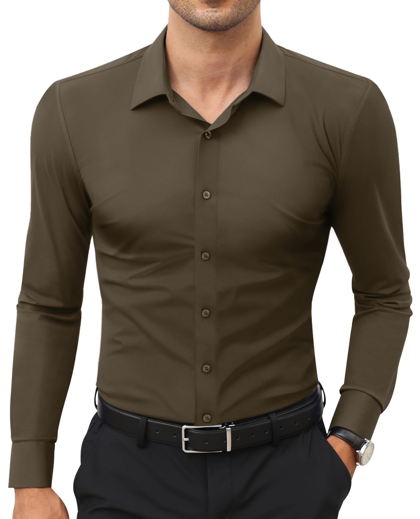 Lion Nardo Stretch Mens Dress Shirts Long Sleeve Slim Fit Dress Shirts for Men Muscle Fit Wrinkle Free Button Down Shirt Coffee Image