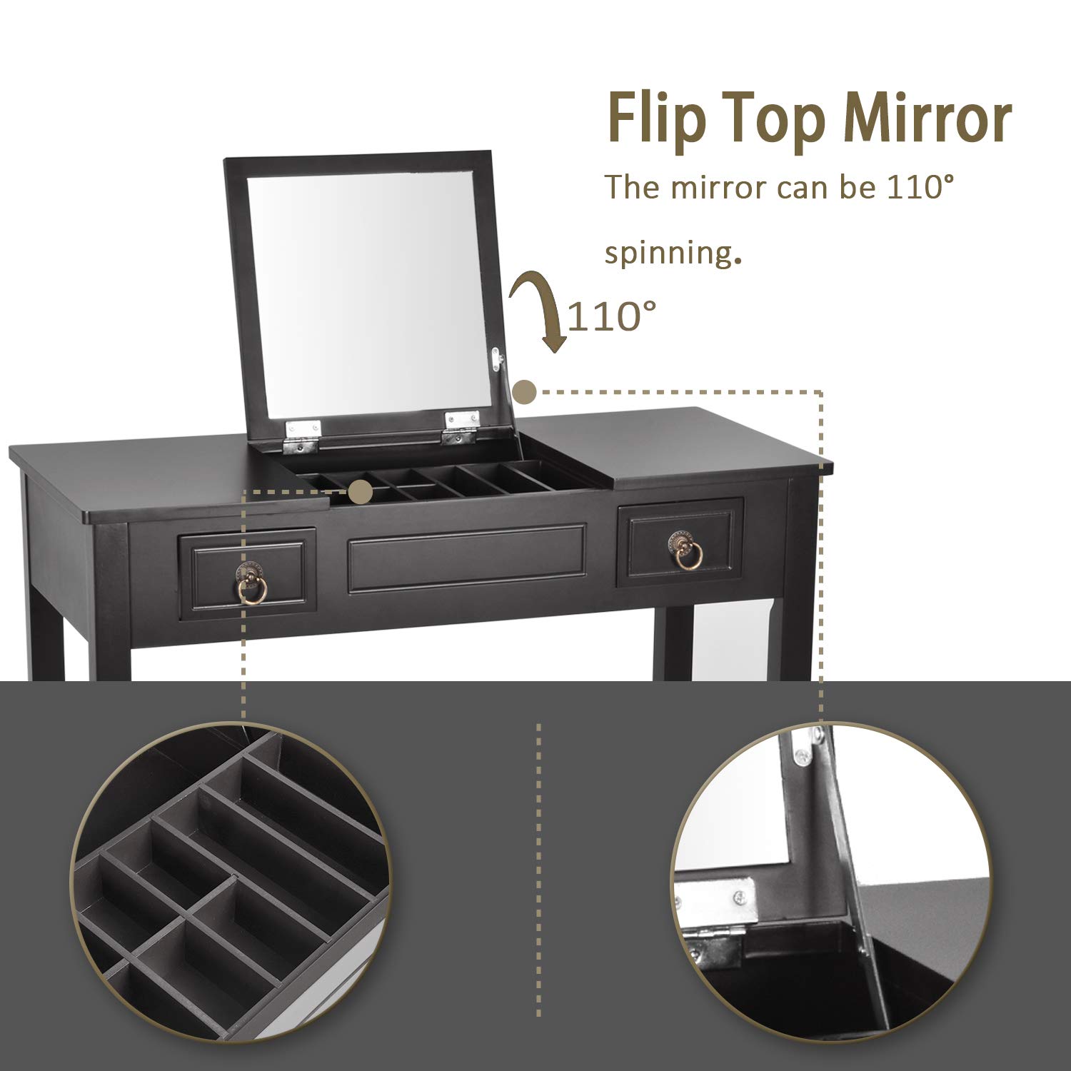 Vanity Set With Flip Top Mirror And Cushioned Storage Stool Bench Makeup Dressing Table Study Writing Desk With 2 Drawers Stool 3 Removable Organizers In Black Vanities Vanity Benches