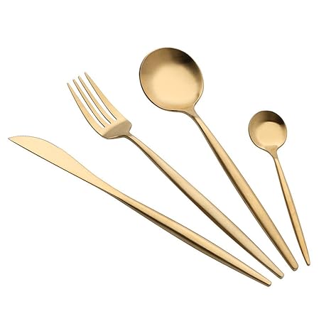 Ansenesna Besteck Gold Silber 4 Teilig Matt Spülmaschinenfest Rostfrei Gabeln Löffel Messer Teelöffel Besteckset (Gold)