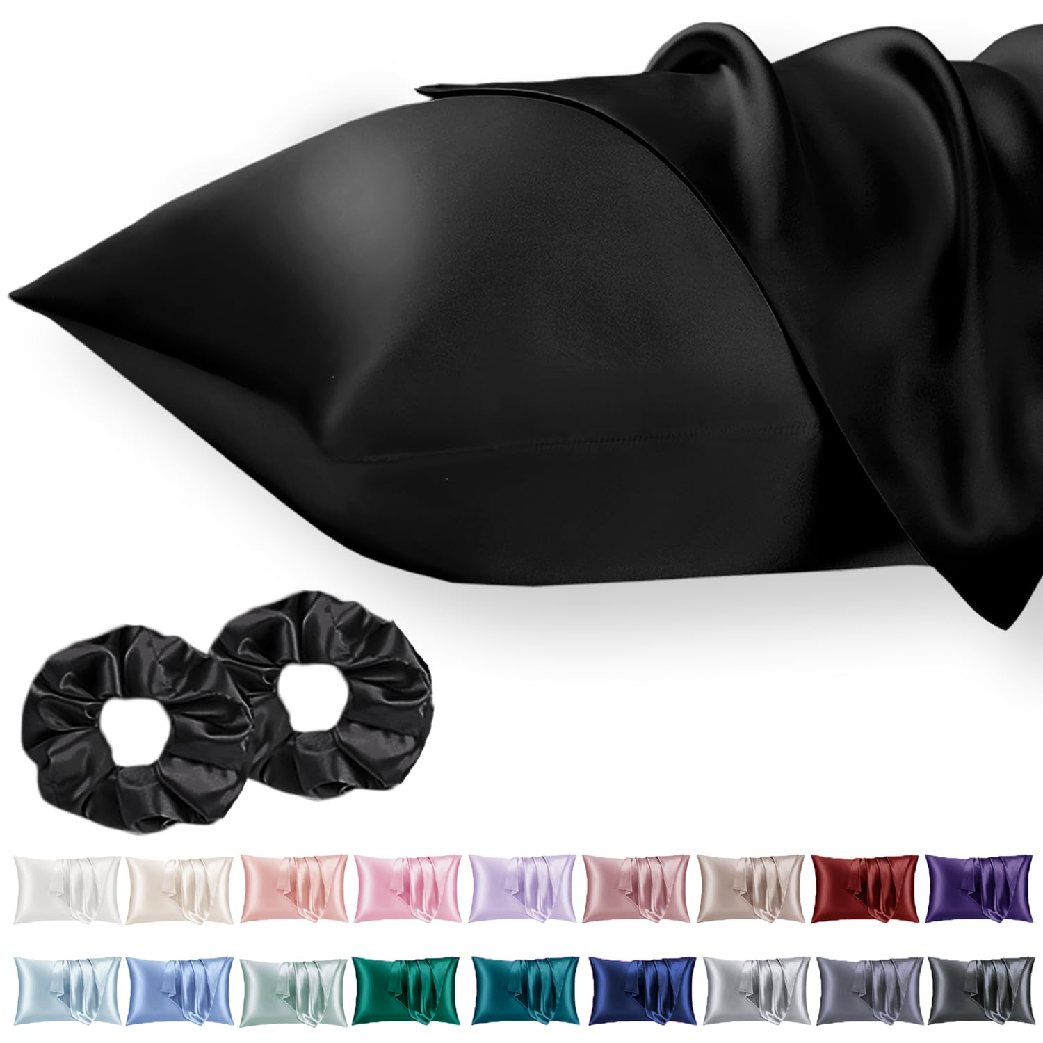 Vielit 2 Pack Satin Pillowcase for Hair and Skin Cooling,Soft as Silk Pillowcase for Hair and Skin,Easier Care than Silk Pillow Case Black 50x75cm Gifts for Women Envelope & 2 Scrunchies
