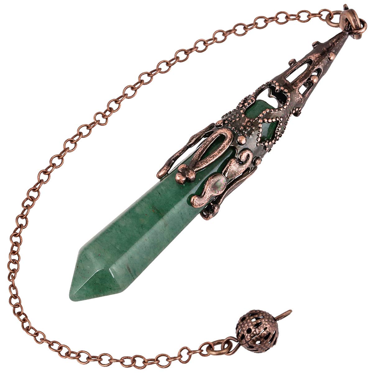Nupuyai Vintage Green Aventurine Crystal Point Dowsing Pendulum for Healing Divination Scrying, Hexagonal Gemstone Pendant Pendulum with Chain