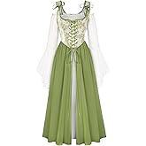 Scarlet Darkness Women Renaissance Costume Floral Lace Up Bell Sleeve Peasant Medieval Fairy Dress