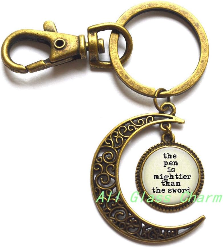 Charming Moon Keychain，The Pen is Mightier Than the Sword Moon Keychain Moon Key Ring - Gift for Writer,AS051