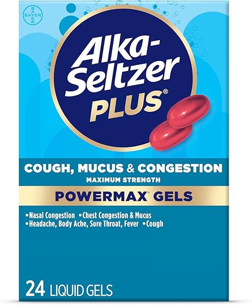 ALKA-SELTZER PLUS MAXIMUM STRENGTH COUGH, MUCUS & CONGESTION POWERMAX LIQUID GELS, FAST AND EFFECTIVE CHEST CONGESTION RELIEF, COUGH SUPPRESSANT, FOR ADULTS AND CHILDREN 12 YEARS AND OLDER 24 COUNT