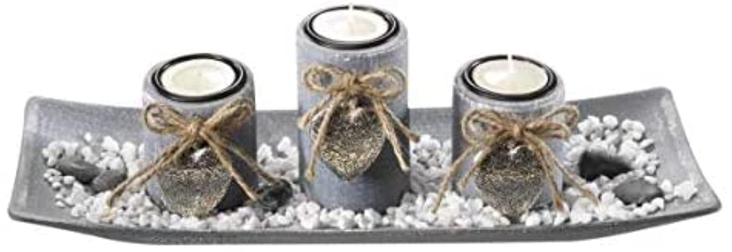 Rectangular decorative bowl with 3 wooden candle holders, grey and stone design
