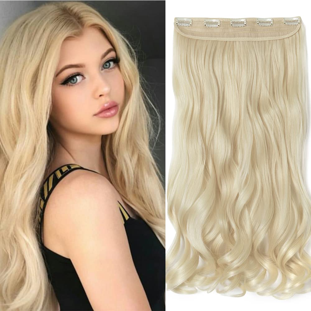 24 Inch One Piece 5 Clips Matte Material Hair Extension Curly Wavy Clip In Hairpiece Synthetic For Women Beauty, Bleach Blonde