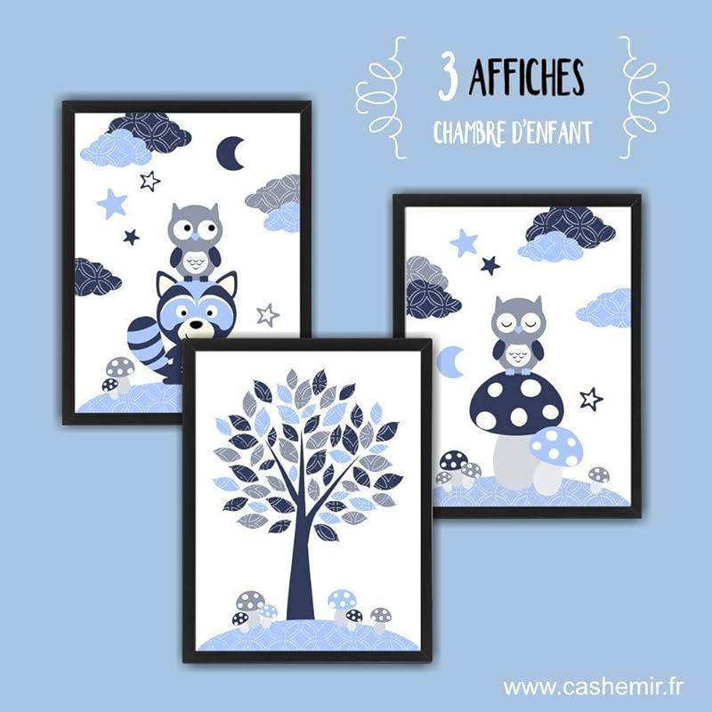 Affiche Enfant Decoration Chambre Bebe Garcon Illustration Chambre Enfant Hibou Raton Laveur Bleu Gris Lot De 3 Ref L8 Chambre D Enfant Produits Handmade Banistreet Com
