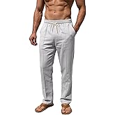 TAFLE Men’s Linen Pants Casual Beach Yoga Pants Elastic Waist Drawstring Straight Leg Loose Lightweight Trousers with Pockets