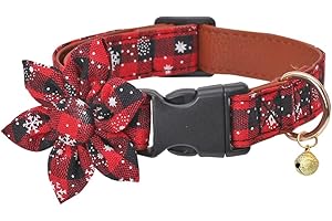 LAMPHYFACE Christmas Dog Collar Snowflake Classic Plaid Adjustable with Cute Flower and Bells