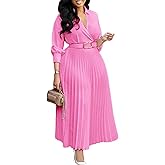 Famnbro Womens Pleated Dress V Neck Long Sleeve A line Church Formal Works Business Dresses with Belt