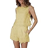 Yuemengxuan Women Tie Side Tank Top Shorts 2 Piece Outfits Set Sleeveless Floral Embroidered Crop Cami Top Shorts Pajamas Set