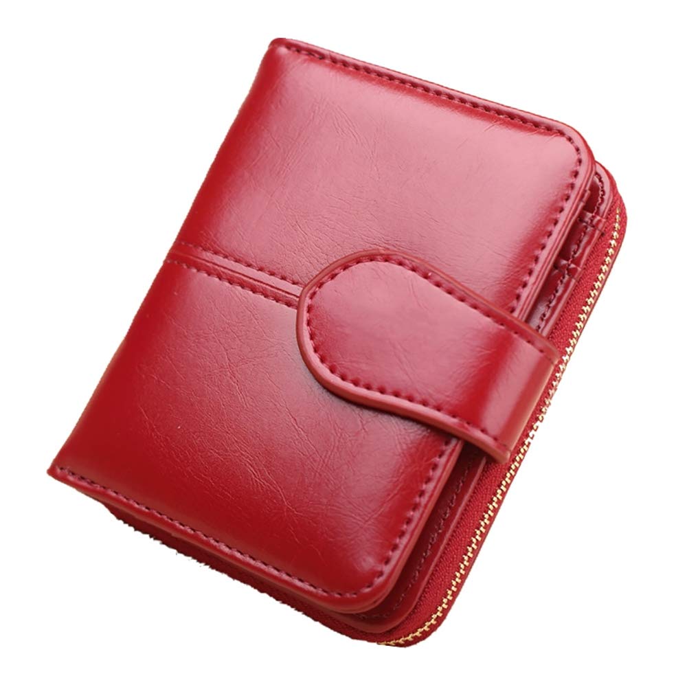 Eco Memos 7PCS Small Women Wallet Leather Bifold Purse with ID Window RFID Blocking Genuine Leather Clutch Wallet (Wine Red)