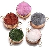 LE SKY Natural Druzy Agate Round Pendants Connectors Gemstones Links Charms with Brass Pinch Bails for Jewelry Making 5 Pcs