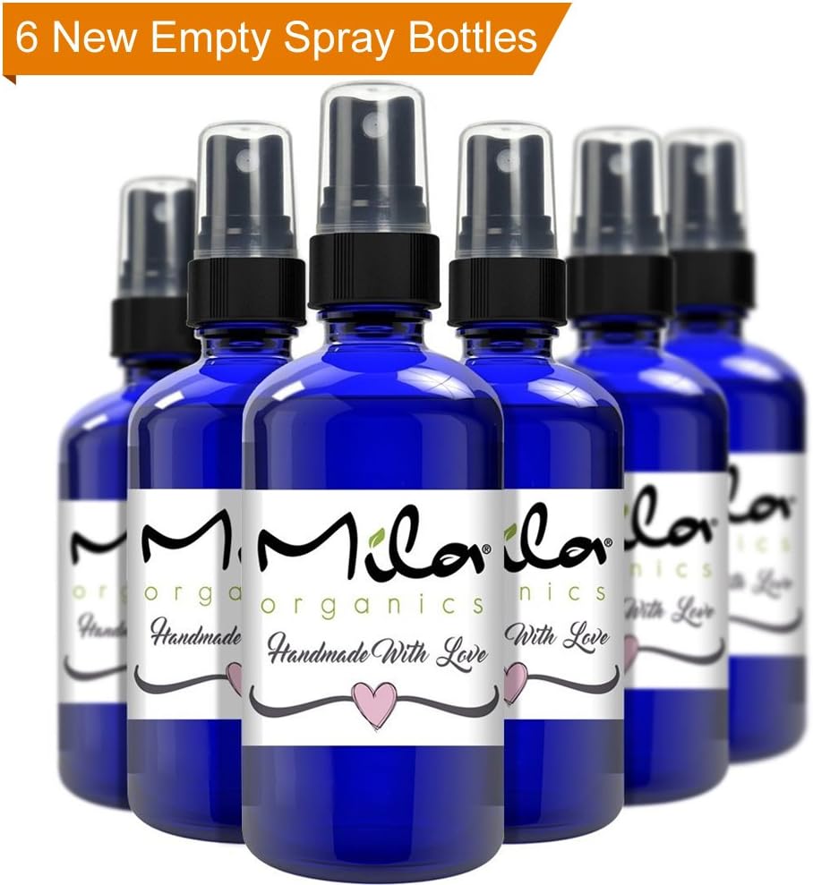 SPRAY BOTTLE COBALT BLUE GLASS 4 oz (6 New), Premium Quality with Black Fine Mist Sprayer (by Mila Organics)