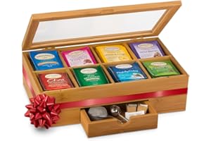 BAMBÜSI Tea Bag Organizer - Christmas Gift Bamboo Tea Box Organizer Storage Box, Tea Bag Holder with Drawer & Acrylic Window, Magnetic Lid Keeps Tea Bags Fresh - Tea Organizer Caddy (Tea Not Included)