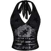 Verdusa Women's Y2k Gothic Goth Halter Top Mesh Sheer Backless Going Out Tops Emo Grunge Clothes Rave Outfits