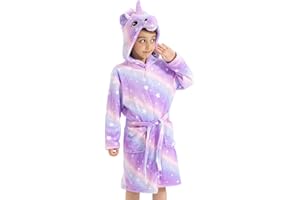 ACTLATI Girls Unicorn Fleece Robe, Rainbow Star Leopard Bathrobe for Kids, Coral Fleece Bath Robe With Pockets for Age 3-12