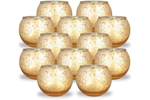 Just Artifacts 2-Inch Round Speckled Mercury Glass Votive Candle Holders (Gold, Set of 12)