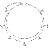 Ladytree 925 Sterling Silver Beach Anklet for Women Starfish Shell Moonstone Beads Charm Double Layer Anklets Bracelet Adjustable 9 to 10 inches