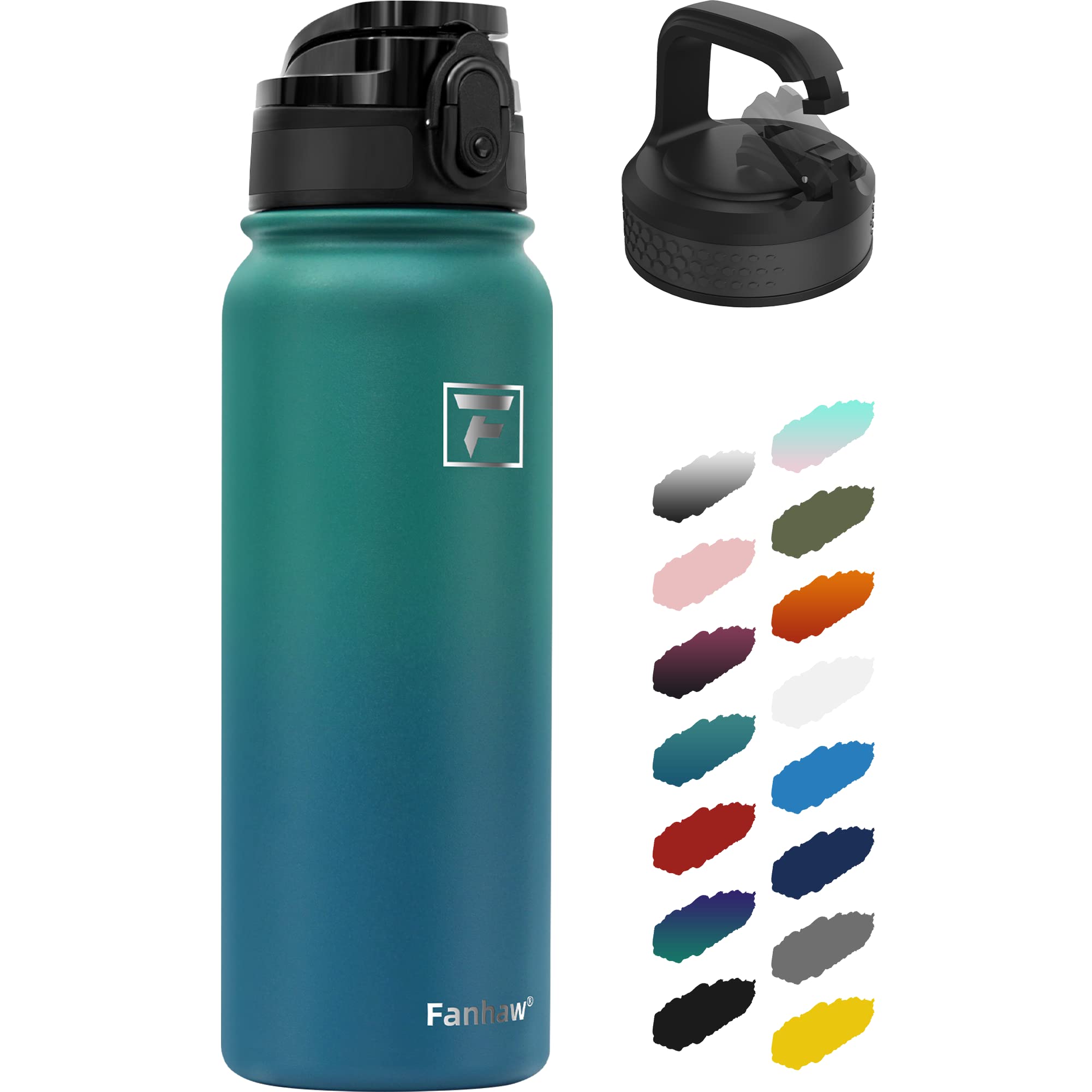 Fanhaw 600ml Insulated Stainless Steel Water Bottle with 2 Lids - Leak & Sweat Proof with Anti-Dust Lid (Green Blue)