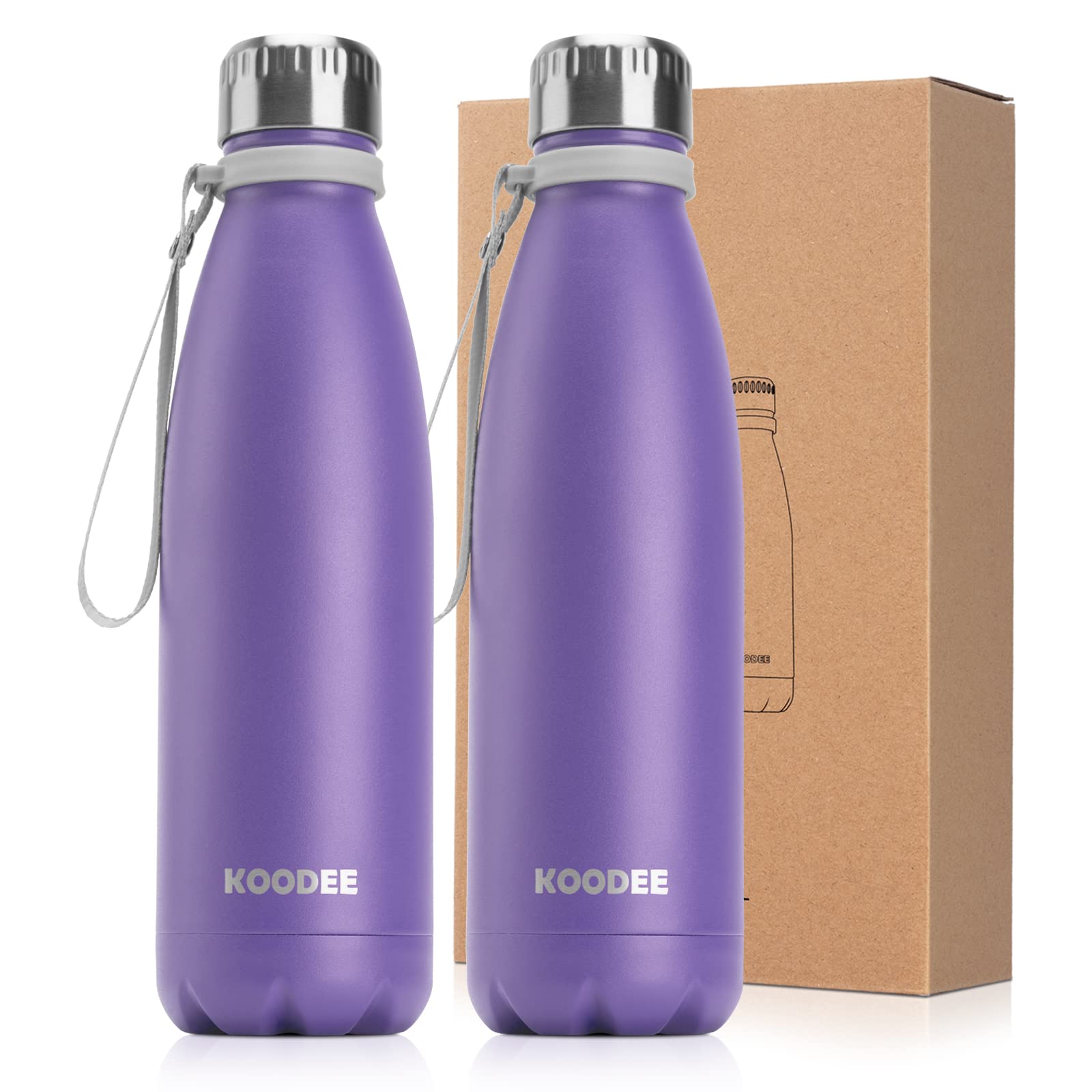 koodee Stainless Steel Water Bottle, 2 Pack 17 oz/500 ml Insulated Water Bottle, Double Wall Vacuum Sports Water Bottle, for School, Fitness, Running-PBA Free
