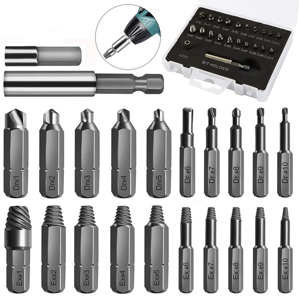 Damaged Screw Extractor Set，22 Pcs Broken Bolt Stripped Extractor Damaged Screw Remover kit Broken Screw，with Extension Bit Holder & Socket Adapter