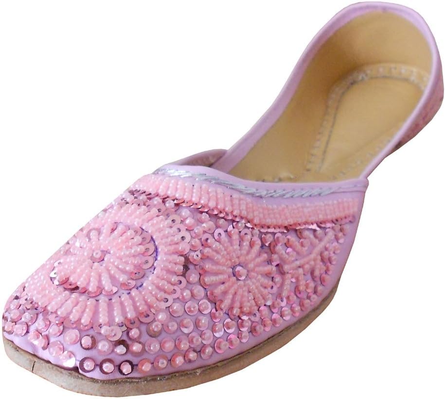 Kalra Creations Women's Traditional Indian Mojari Pink Leather Loafer Flats