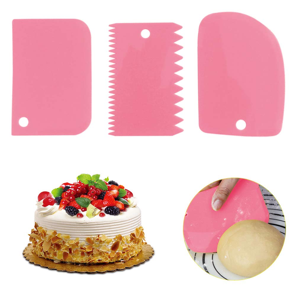 Plastic Cake Scraper Spatula Set 3PCS, Dough Cutter Scraper Dough Bowl Scrapers Plastic Dough Icing Fondant Scraper Cake Decorating Plain (Pink)