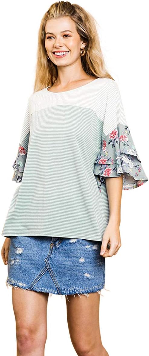 Umgee Women's Color Block Striped & Floral Bell Sleeve Top