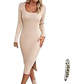 Yazinie Bodycon Sweater Dress Square Neck Long Sleeve Ribbed Knit Midi Dress for Women Apricot