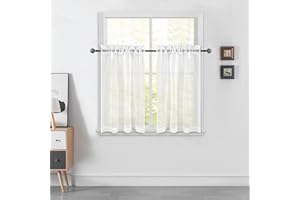 DUALIFE White Short Sheer Kitchen Curtains 36 inch Length Tier Curtains Rod Pocket Sheers Cafe Curtains Linen Like Privacy Semi Sheer Drapes Half Window Curtain for Basement Bathroom Small Windows 34X36 Inch