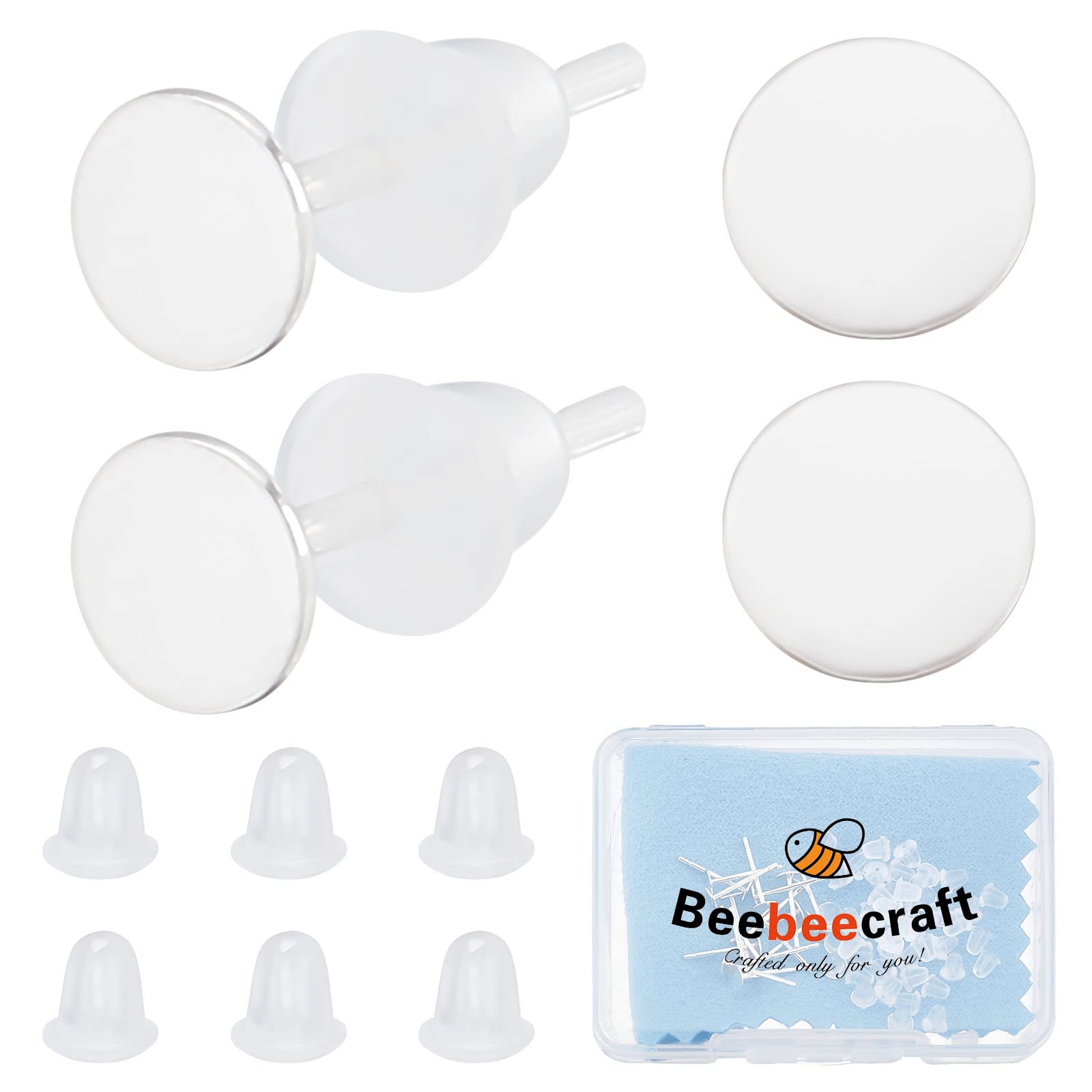 Beebeecraft 1 Box 20Pcs Flat Pad Earring Studs 925 Sterling Silver Cabochon Earring Blanks Bezel Post with 50Pcs Plastic Ear Nuts for DIY Earrings Jewellery Making (Tray: 4mm/0.16in)