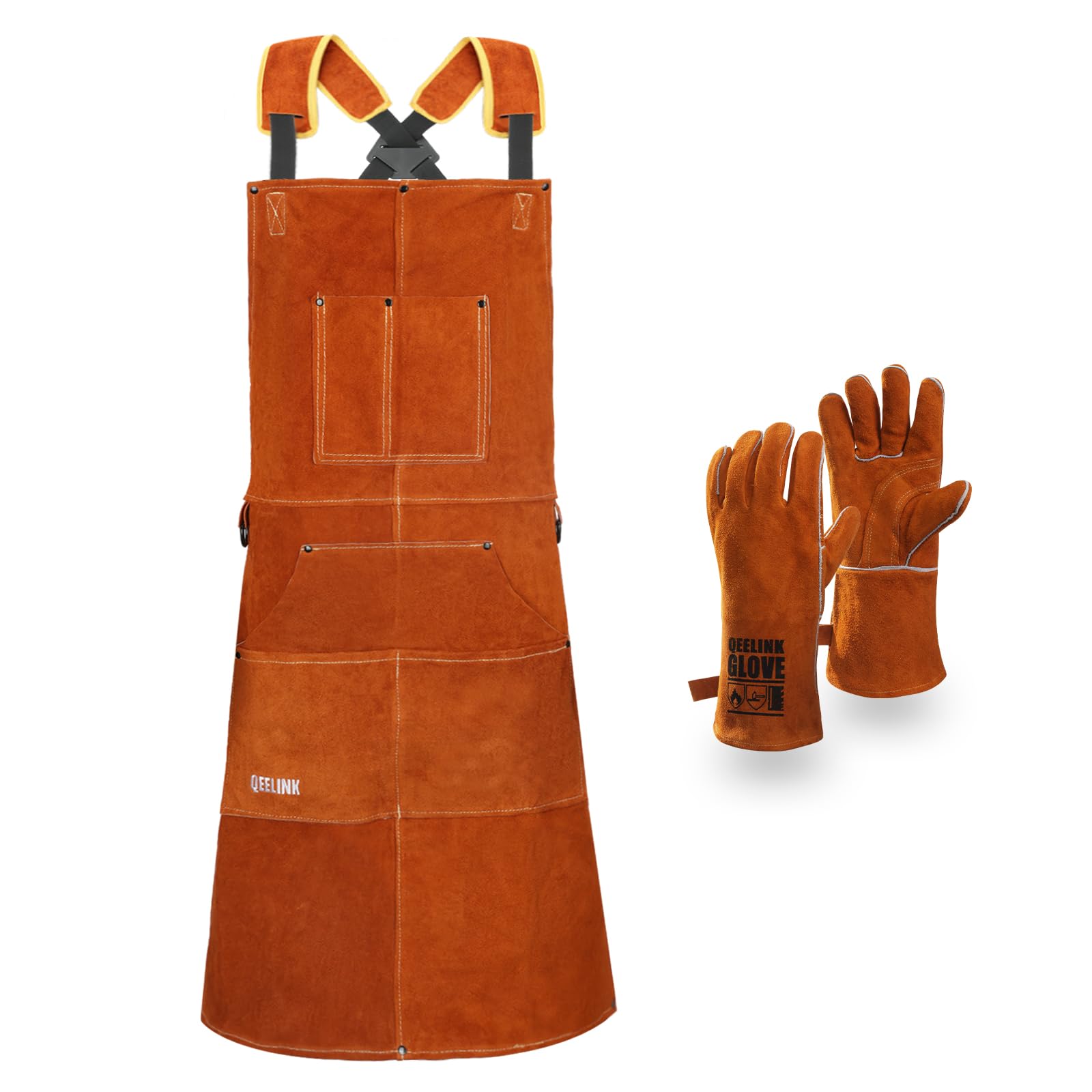 QeeLink Leather Welding Apron with Gloves for Men and Women, Work for Carpenter, Woodworker with 6 Pockets, Adjustable M to XXL