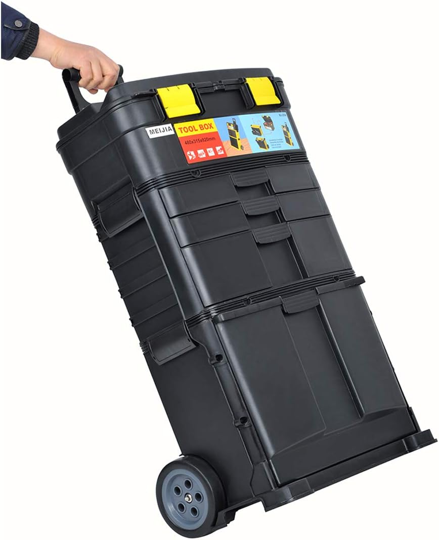 MEIJAIA Heavy Duty Rolling Toolbox With Retractable Handle,3IN1 Removable Storage Tray Chest