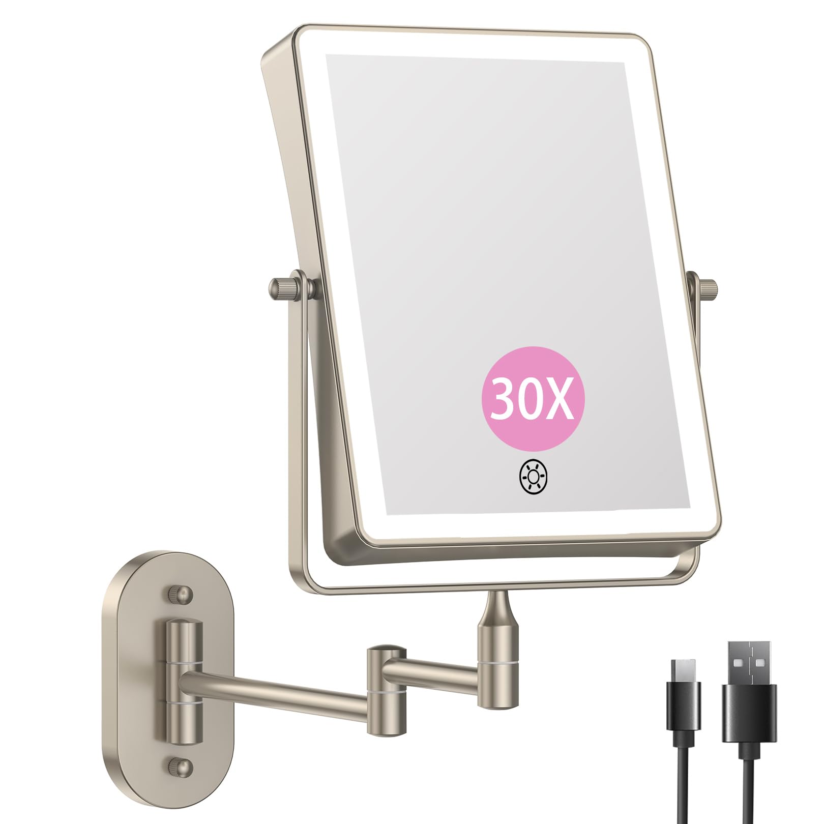 Famihomii 8.7 Inch Large Size Rechargeable Wall Mounted Makeup Mirror, Bathroom Lighted Rectangle Double Sided 1X 30X Magnifying, 3 Color Lighting, Extended Arm 360° Swivel Foldable Light Up Mirror