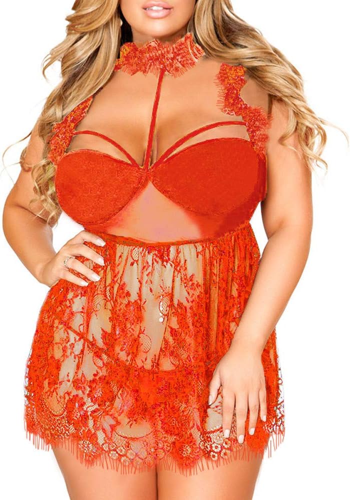 Holywin Womens Plus Size Eyelash Lace Ruffled Lace Mesh High Neck Babydoll Sexy Lingerie