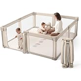 Extra Large Baby Playpen 71 x 79 Inch, Pre-Assembled＆Foldable Playpen for Babies and Toddlers, Portable Indoor and Outdoor Play Yard with Carry Bag Baby Gate 2 Pull up Rings, Light Khaki