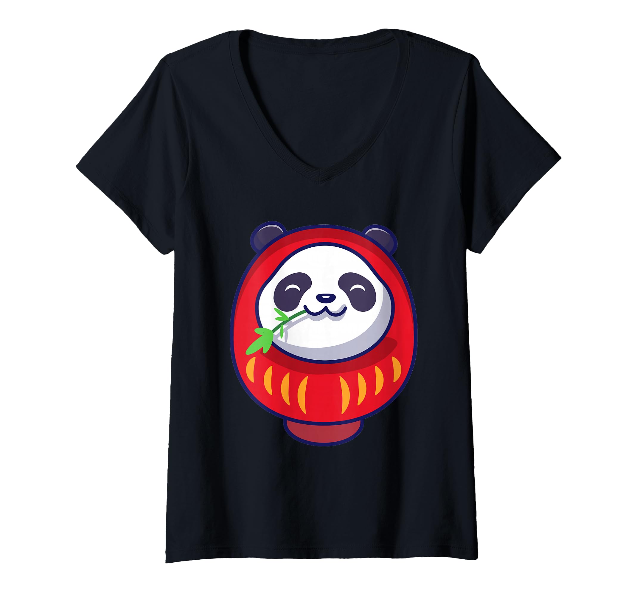 Womens Japanese Daruma Doll Japan Cute Kawaii Panda Bear V-Neck T-Shirt