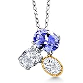 925 Silver and 10K Yellow Gold Blue Tanzanite White Topaz and White Moissanite Pendant Necklace For Women (2.66 Cttw, Oval 8X6MM, 7X5MM and 6X4MM, Gemstone December Birthstone, with 18 Inch Chain)