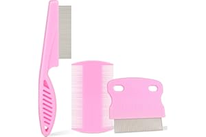 JEGTEW Flea Comb for Dogs and Cats - Lice Comb with Rubber Handle - Promotes Hair Growth and Removes Loose Hair, Knots, and Flakes Flea Brush for Pets(3P,PINK)