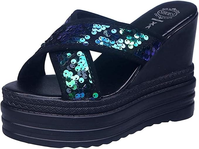 Amazon Co Jp Godlovefull キラキラ 厚底 サンダル レディース シンプル ミュール オープントゥ 疲れない 厚底ウェッジ ミュール サンダル ヒール クロスベルト クッション性 11cm カジュアル デイリー トレンド 春夏 スリッパ 美脚サンダル 服 ファッション小物