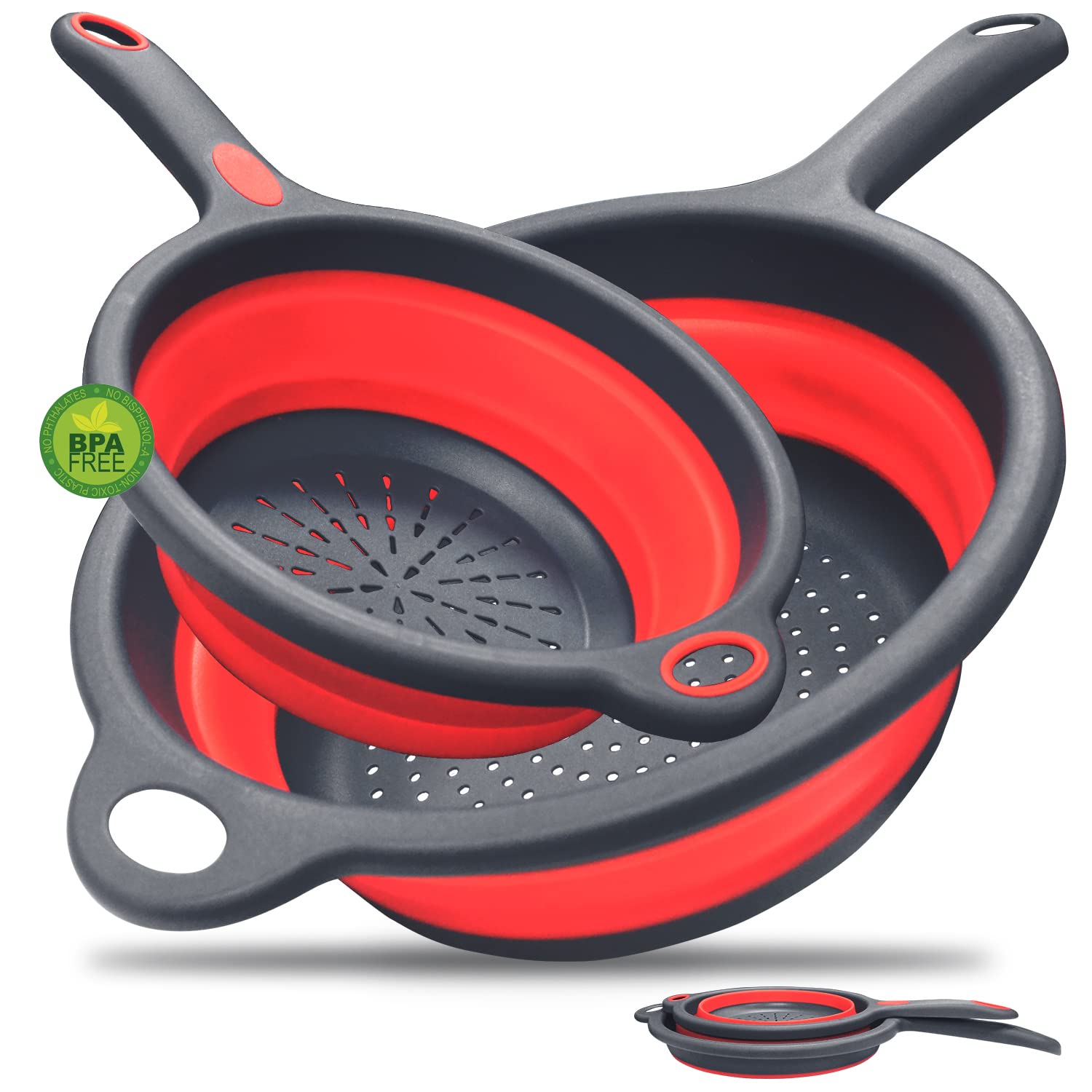 Walfos Silicone Pasta Colander - Collapsible Colander with Handle Set, Set of 2, Space-Saving Kitchen Strainers, 1.5 Quart, 2 Quart, BPA Free ＆ Dishwasher Safe, for Pasta, Vegetables, Fruits (Red)