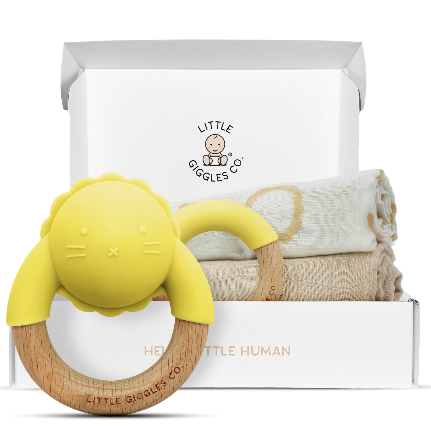 Little Giggles Co.® New Baby Gifts - Little Lion Teething Set, Silicone Baby Rattle & Teething Ring with Large Muslin Cloths, Easy Grip & Safe Teething Toys for Baby, Soothing Cotton Baby Muslins